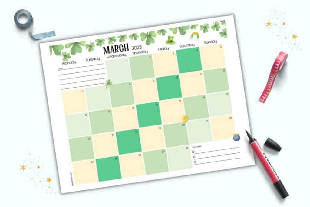 A preview of a dated March 2023 free calendar printable page with green and gold colors