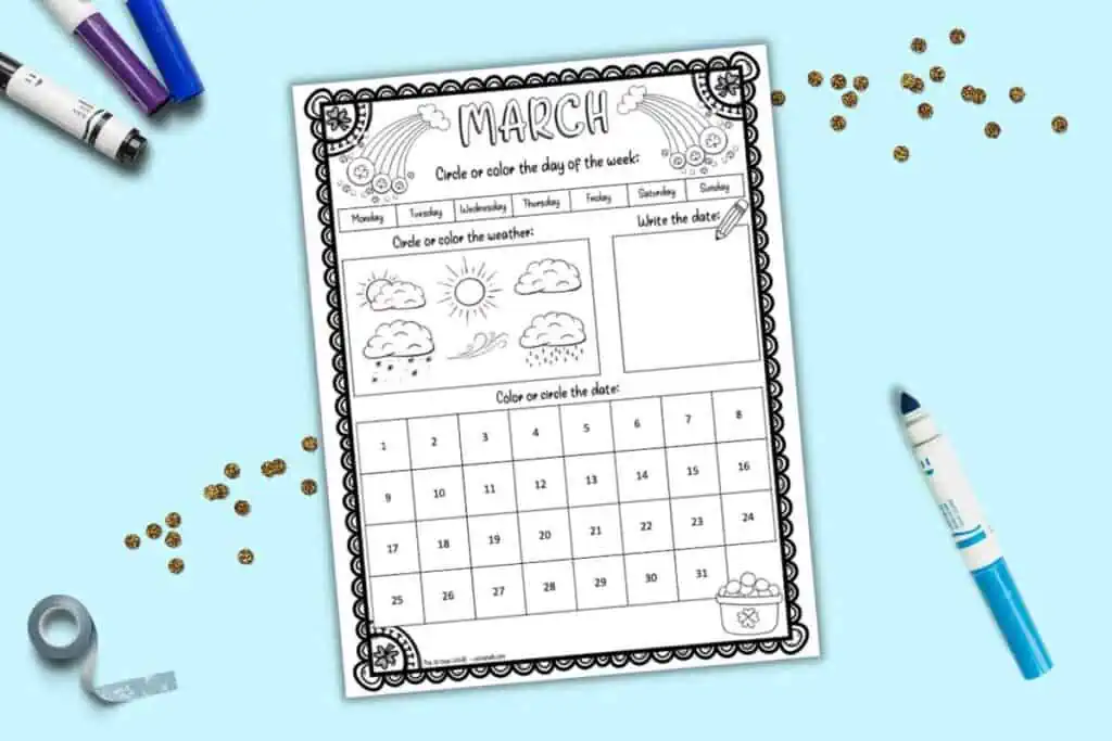 A preview of a March calendar worksheet for kids with a st patrick's day theme