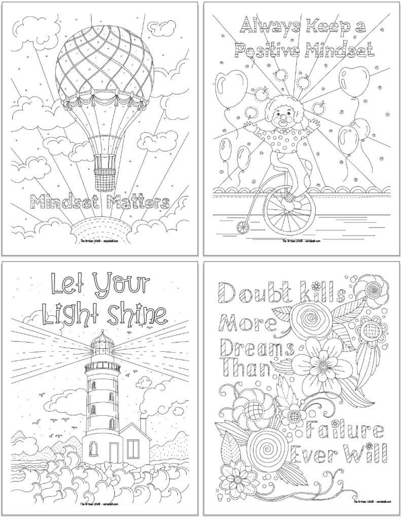 Four positive mindset coloring pages for teens and adults 