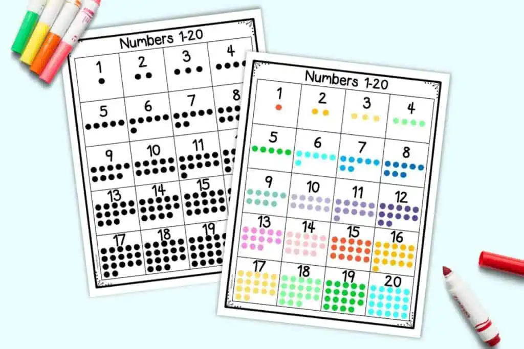 A preview of two printable number charts 1-20 for kindergarteners. One has black dots for each number and the other has colorful dots. They are shown on a light blue background with children's markers.