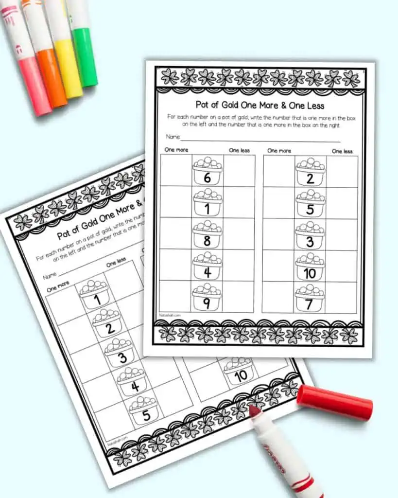 To pages of St. Patricks Day themed "one more, one less" worksheets fo kindergarten. The numbers are in order on one page and scrambled on the second page.