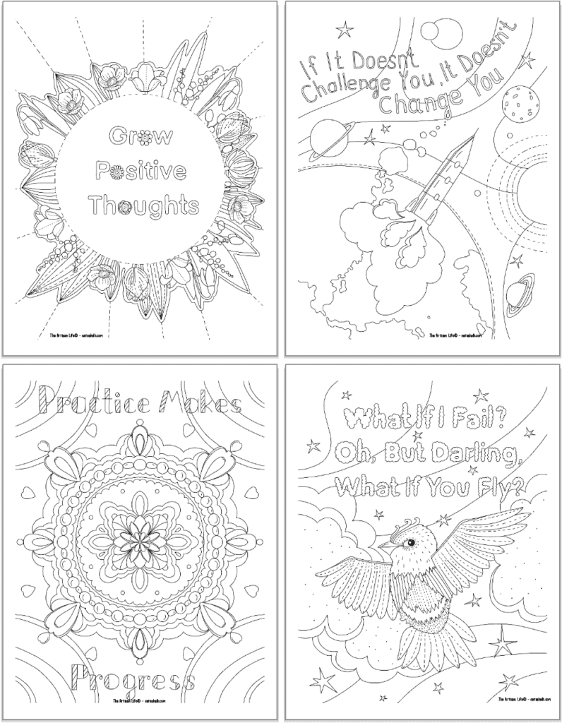 Three positive mindset coloring pages for teens and adults 