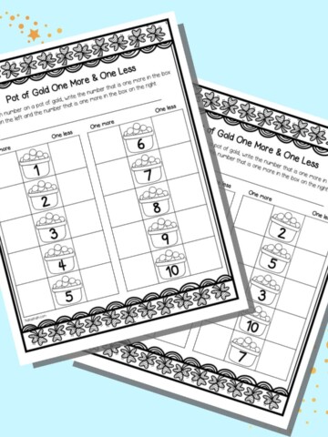 To pages of St. Patricks Day themed "one more, one less" worksheets fo kindergarten. The numbers are in order on one page and scrambled on the second page.