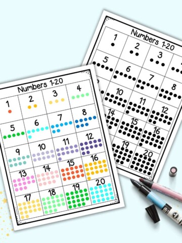 A preview of two printable number charts 1-20 for kindergarteners. One has black dots for each number and the other has colorful dots.