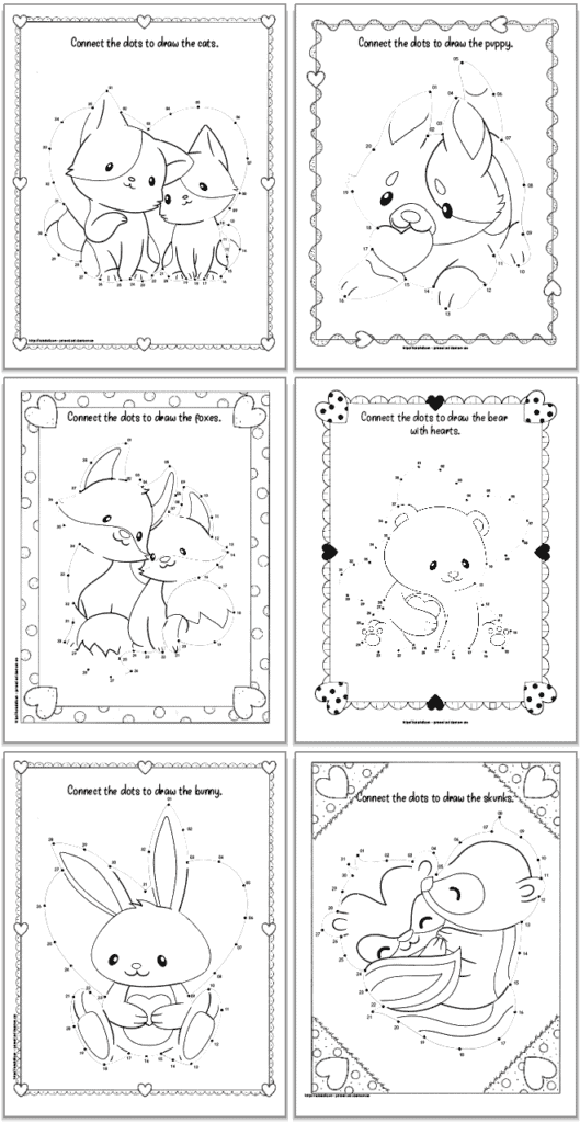 six Valentine's dot to dot coloring pages for kids