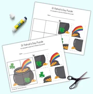A preview of two pages of St. Patrick's Day themed cut and page four part puzzle with a pot of gold. One page has a hint image in the puzzle grid and the other does not.