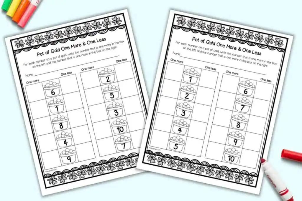 To pages of St. Patricks Day themed "one more, one less" worksheets fo kindergarten 