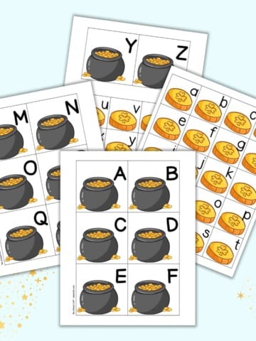 A review of four printable pages of alphabet matching cards with a pot of gold theme