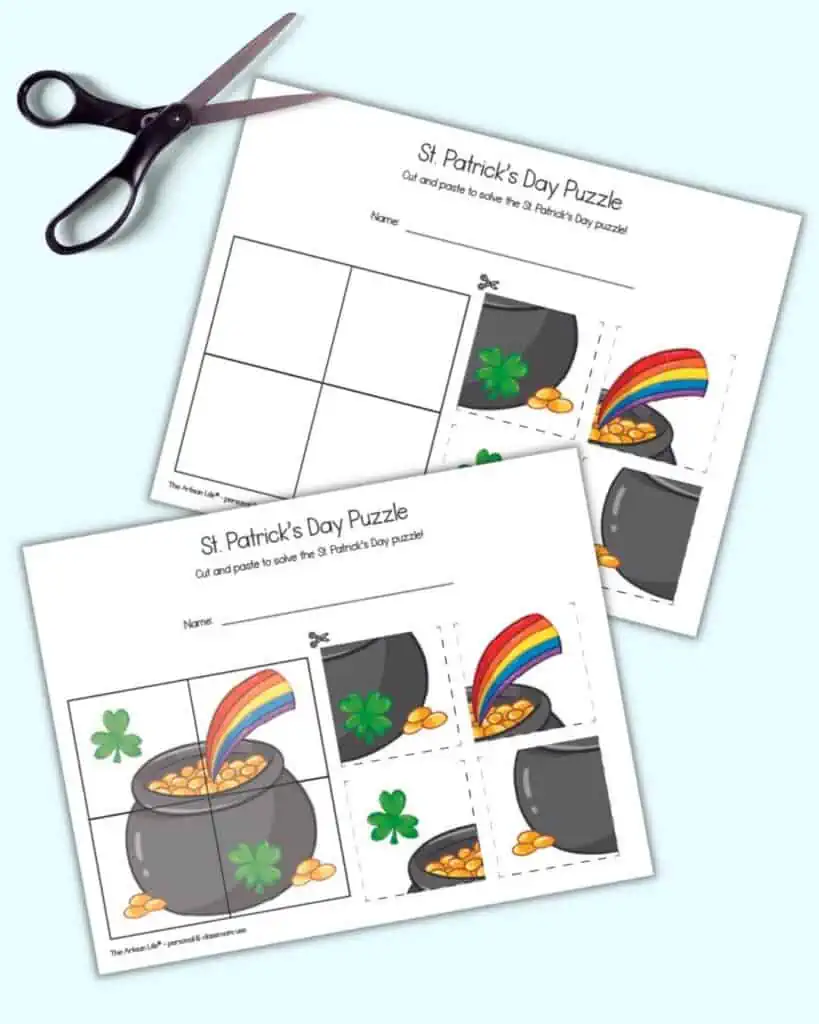 A preview of two pages of St. Patrick's Day themed cut and page four part puzzle with a pot of gold. One page has a hint image in the puzzle grid and the other does not.