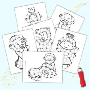 A preview of six dot marker coloring pages featuring characters from the Daniel and the Lion's Den Bible story.