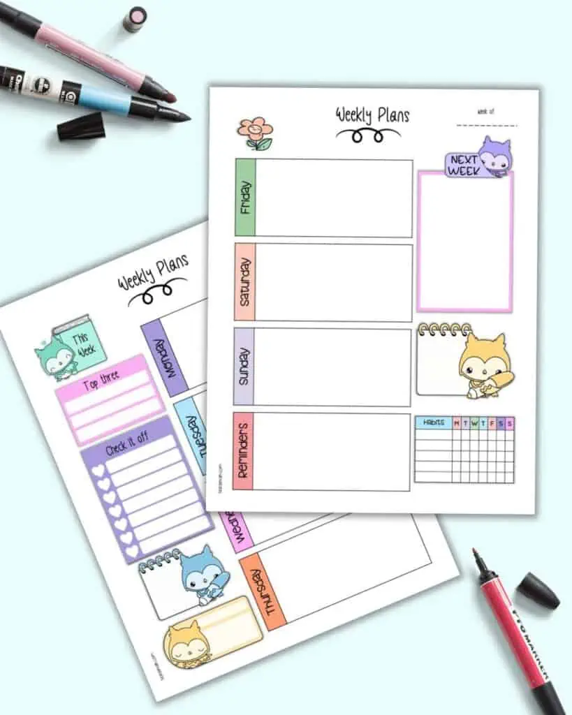 A preview of two pages of weekly planner printable with a pastel owl theme