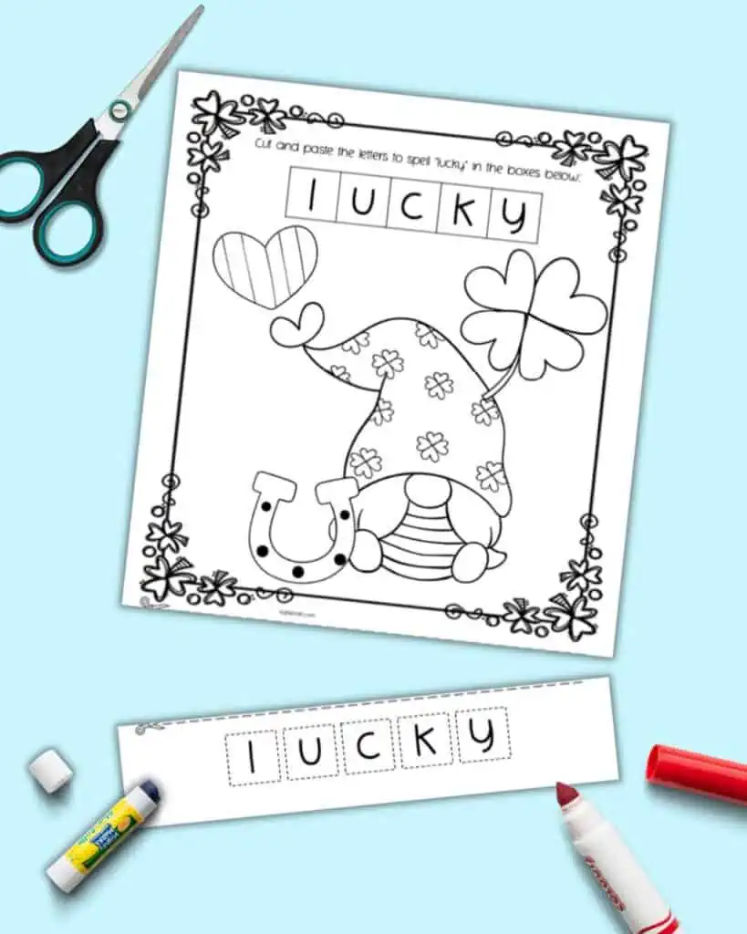 A cut and paste worksheet with "lucky" for pre-k students to cut and paste on a St. Patrick's Day coloring page. The bottom section is cut off along a dotted line