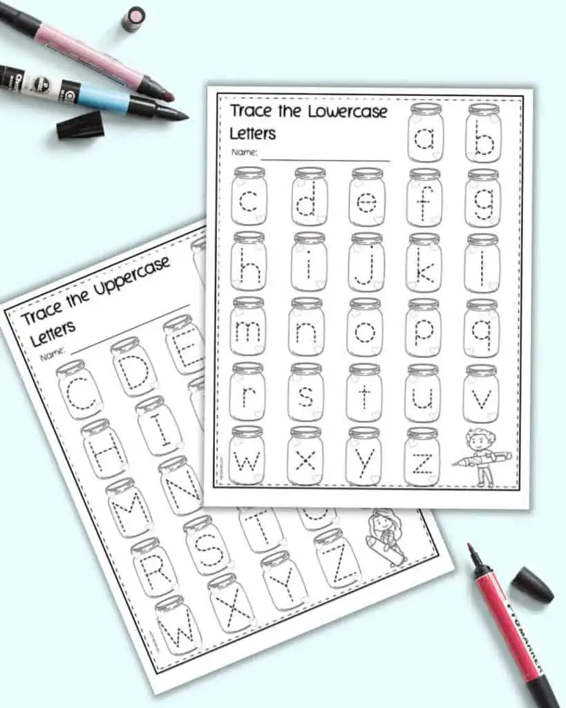 A preview of an uppercase and a lowercase themed alphabet tracing worksheet for Valentine's Day