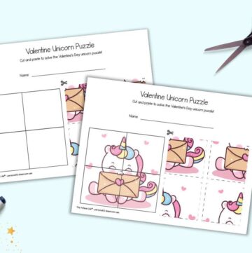 Two cute unicorn cut and paste puzzles for kids