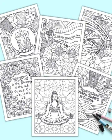 Six zen-style coloring pages with quotations about yoga