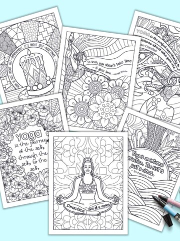 Six zen-style coloring pages with quotations about yoga