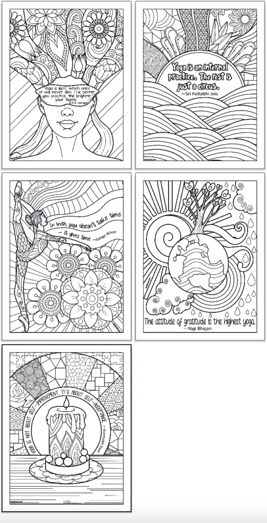 Five zen-style coloring pages with quotations about yoga
