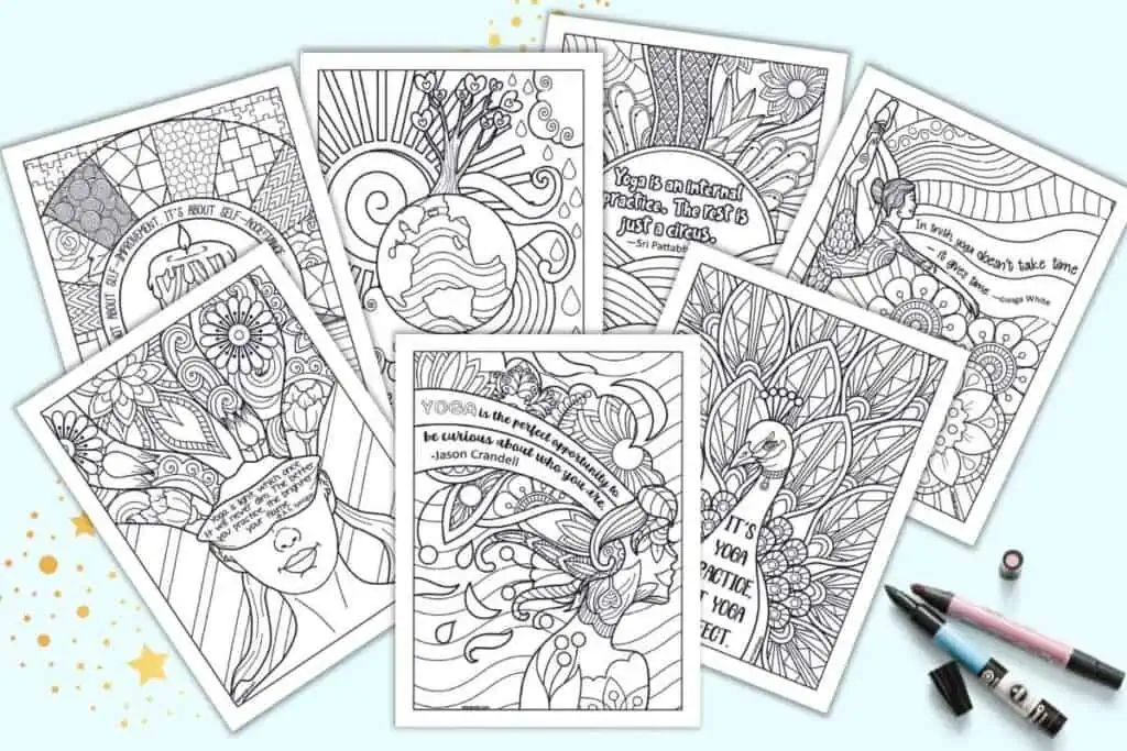 Seven zen-style coloring pages with quotations about yoga