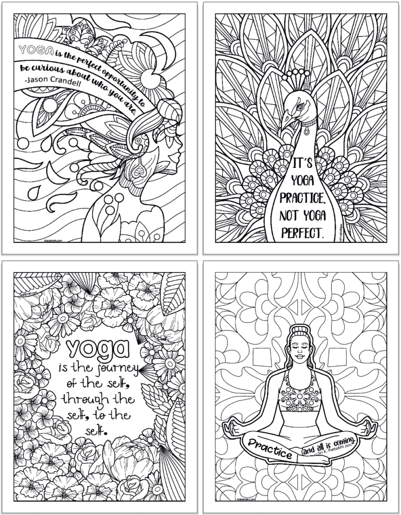 Four zen-style coloring pages with quotations about yoga