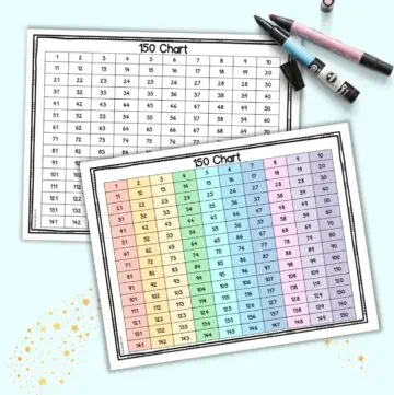 A preview of two printable 1-150 number charts. One is in color and the other is in black and white. The color chart is on top of the black and white version