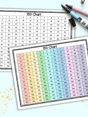 A preview of two printable 1-150 number charts. One is in color and the other is in black and white. The color chart is on top of the black and white version