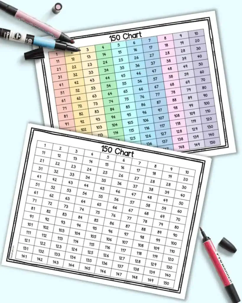 A preview of two printable 1-150 number charts. One is in color and the other is in black and white. The black and white chart is on top.