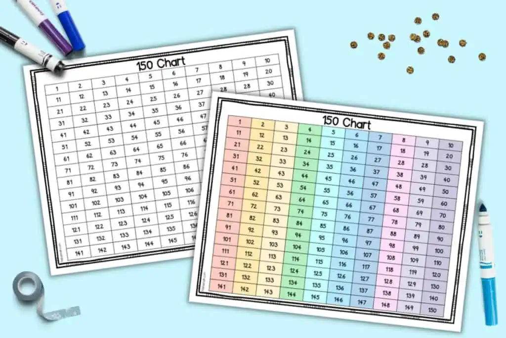 A preview of two printable 1-150 number charts. One is in color and the other is in black and white.