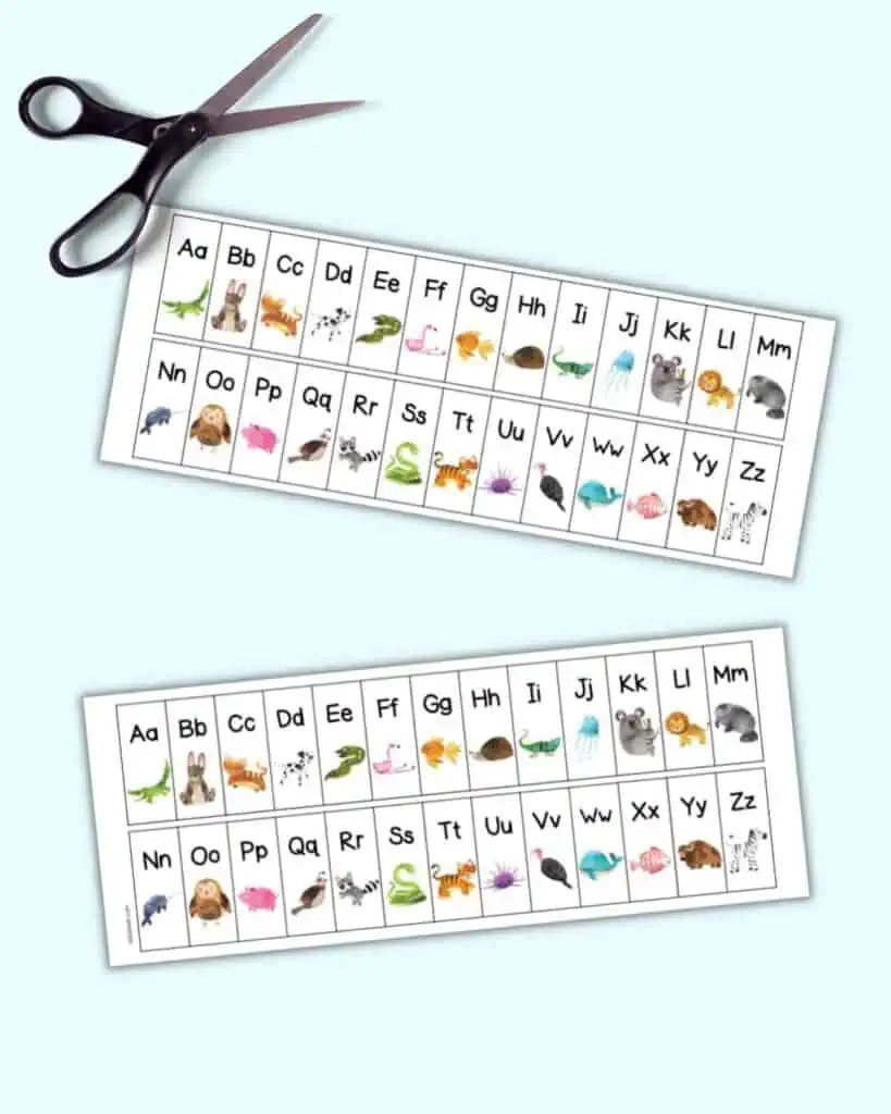 A page with two sets of alphabet strips that has been cut in half to form two desk helper cards