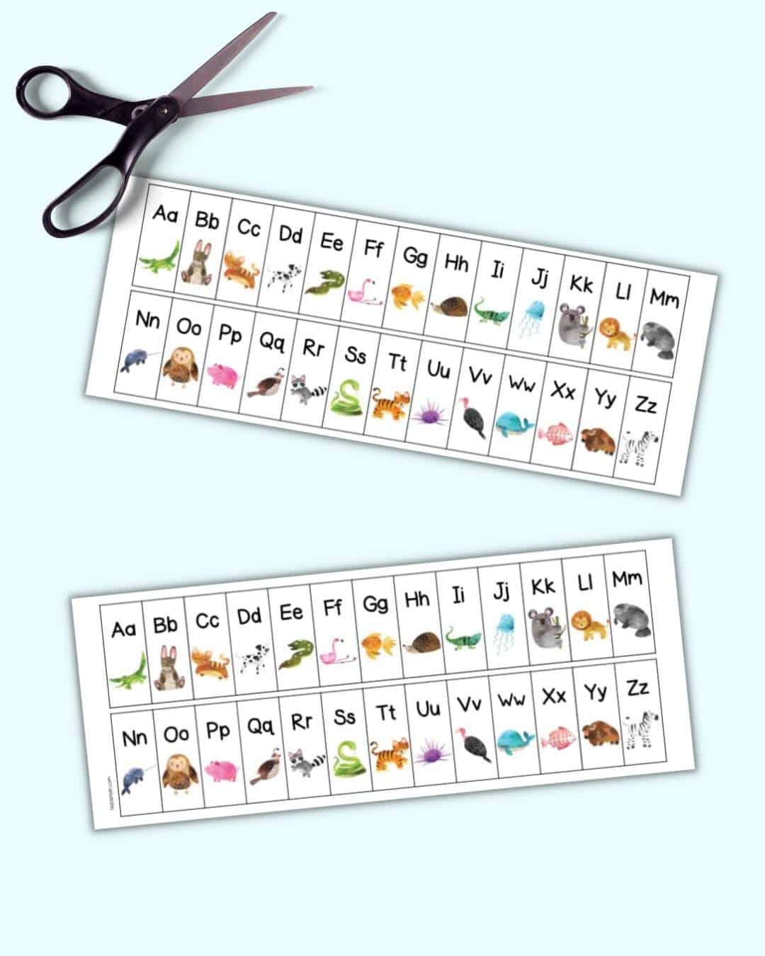 A page with two sets of alphabet strips that has been cut in half to form two desk helper cards