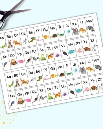 A page with two sets of alphabet strips. Each box has an uppercase letter, a lowercase letter, and animal clip art.
