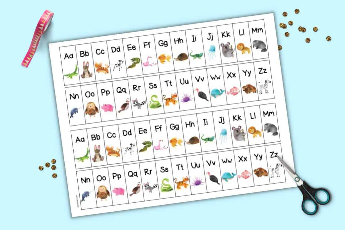 A page with two sets of alphabet strips. Each box has an uppercase letter, a lowercase letter, and animal clip art.