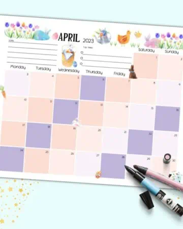 A colorful dated April 2023 calendar printable with spring clip art