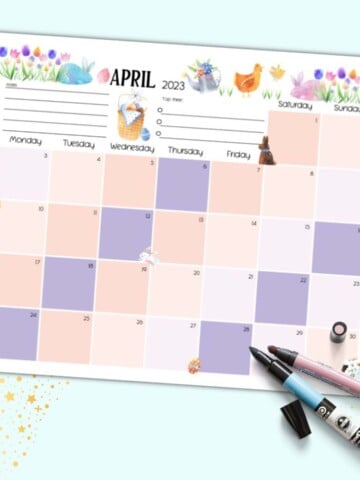 A colorful dated April 2023 calendar printable with spring clip art