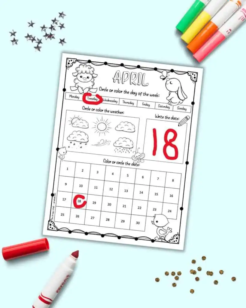 A preview of a kid's worksheet calendar for April filled in for Tuesday April 18