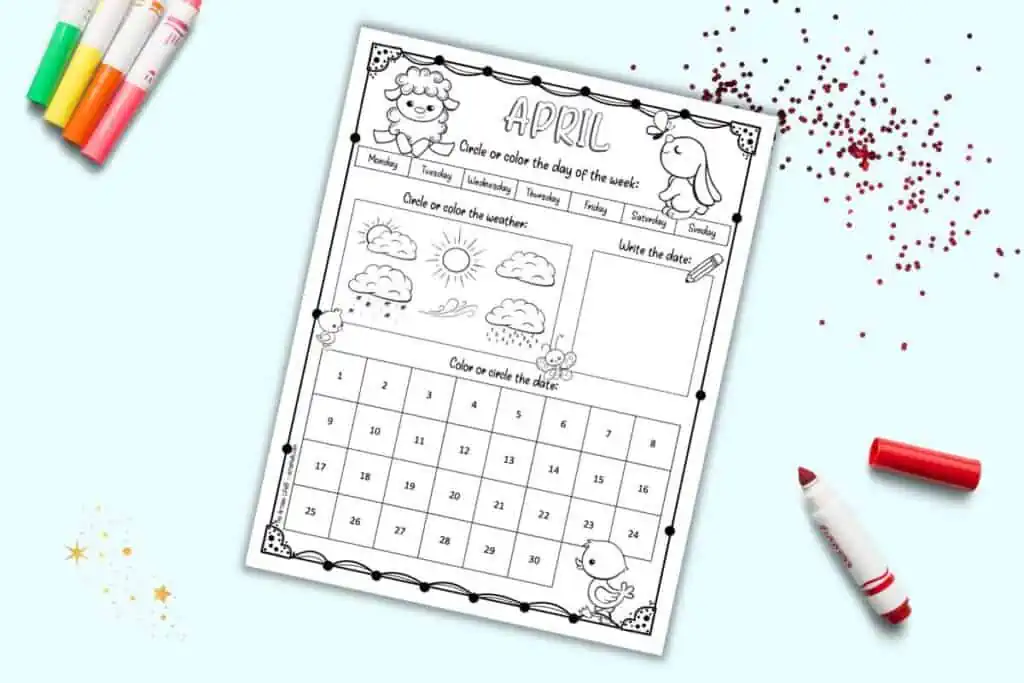 A child's worksheet calendar for April. There are spots to circle the day, date, and weather and to free write the date.