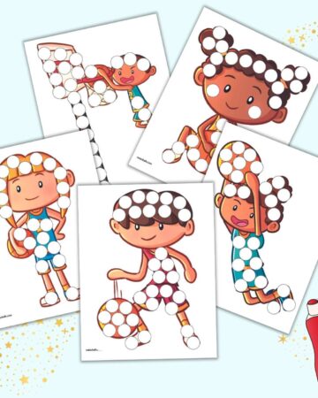 Five pages of dot marker printable for preschoolers and toddlers featuring children playing basketball.