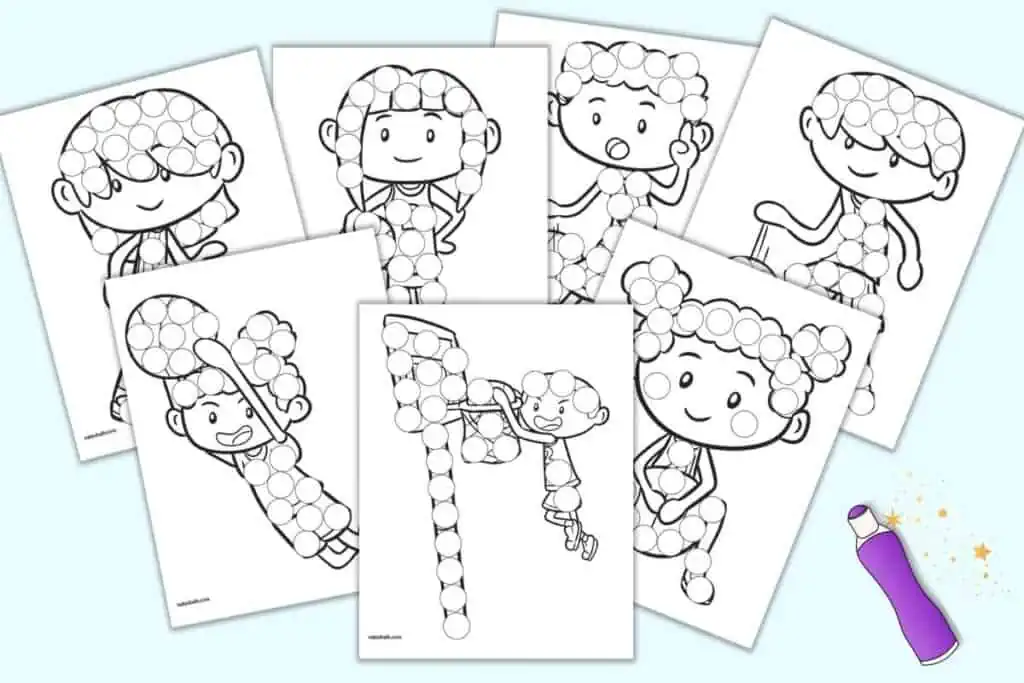 Seven black and white dot marker coloring pages. Each page shows a boy or girl playing basketball. 