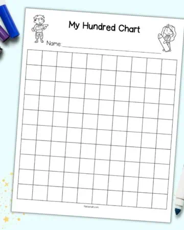 A preview of a blank 100 chart with the title "my hundred chart" and a place for a student to write his or her name.