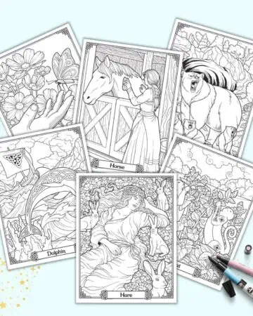 A preview of six detailed Celtic animal coloring pages for adults