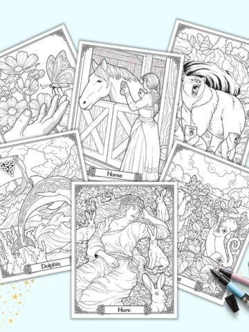 A preview of six detailed Celtic animal coloring pages for adults