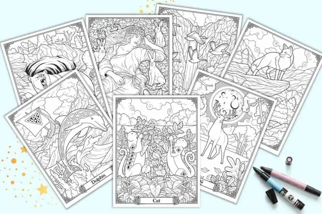 A preview of seven Celtic animal coloring pages for adults with detailed knotwork to color