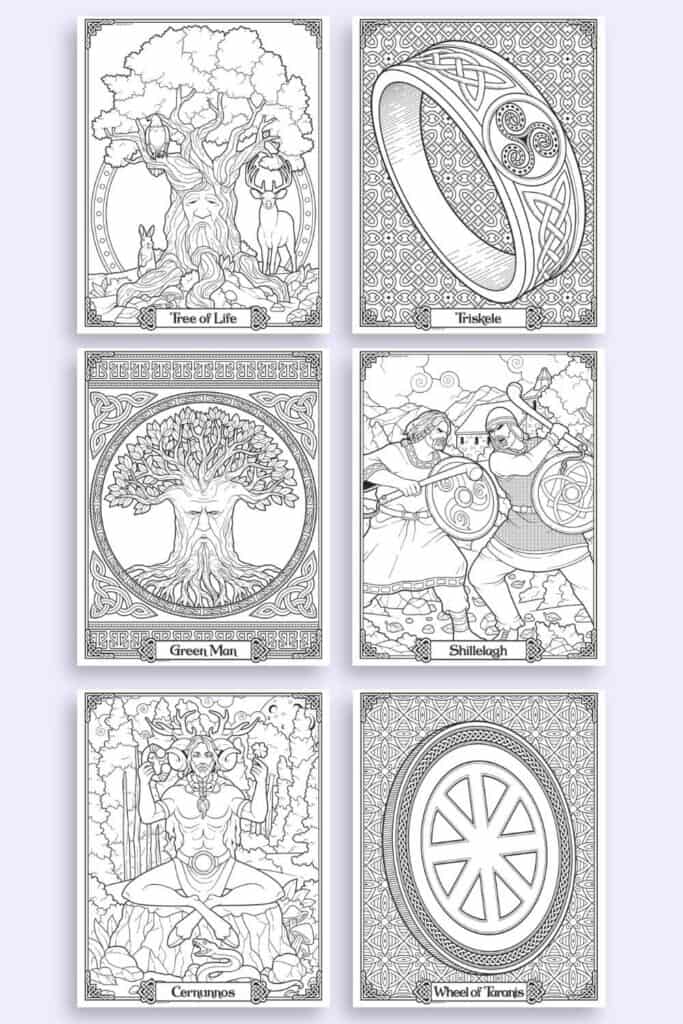 Six detailed Celtic symbol coloring pages for adults