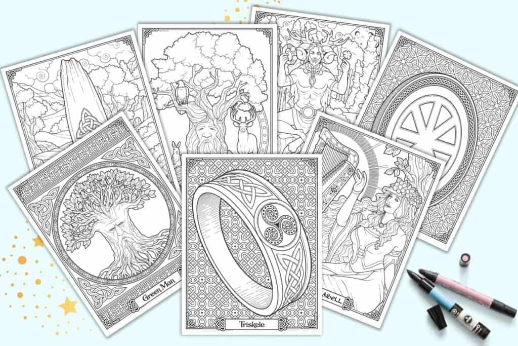 A preview of seven printable adult coloring pages with Celtic designs and detailed knots to color.