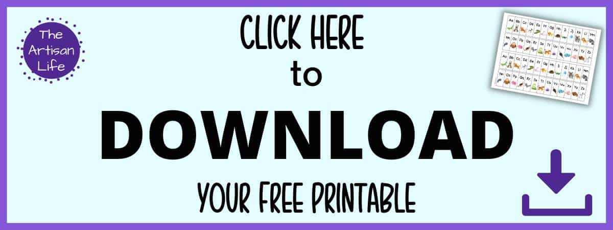 Text "click here to download your free printable" (alphabet strips with animals)