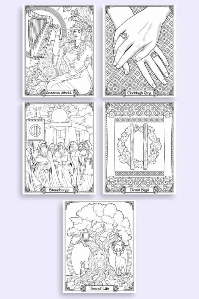 Five detailed Celtic symbol coloring pages for adults