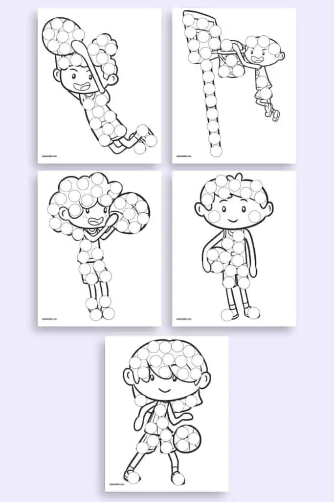 Five dot marker coloring pages. Each page shows a boy or girl playing basketball