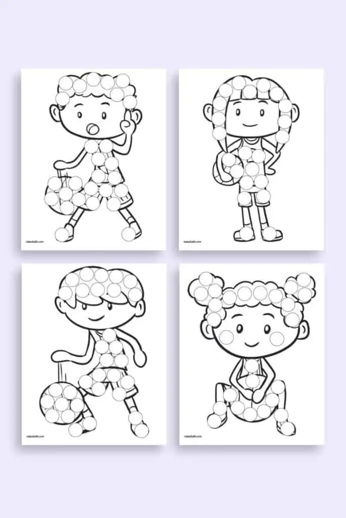 Four dot marker coloring pages. Each page shows a boy or girl playing basketball