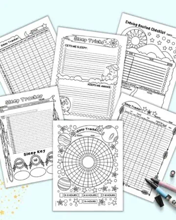 A preview of six pages of bullet-journal style sleep tracker printables including monthly sleep trackers, a year sleep tracker, and an evening routine checklist.