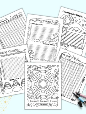A preview of six pages of bullet-journal style sleep tracker printables including monthly sleep trackers, a year sleep tracker, and an evening routine checklist.