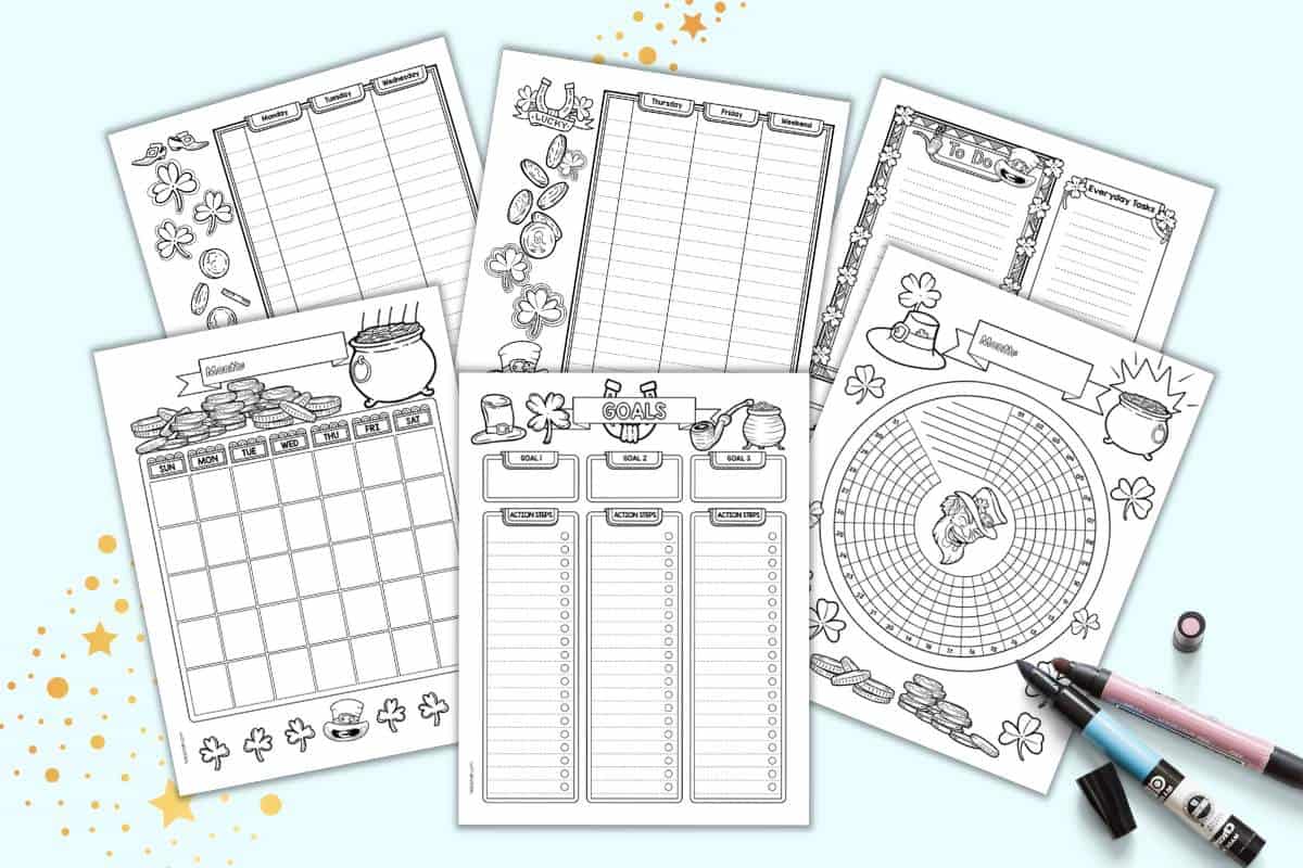 A preview of six pages of bullet journal style planner printable for Mach showing gold coins, shamrocks, leprechauns, and other St. Patrick's Day images.